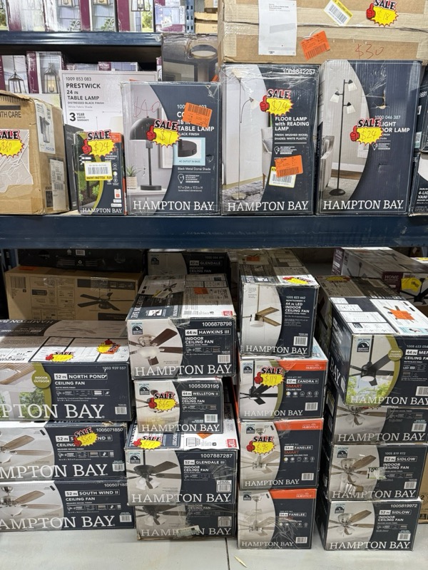 Hampton Bay ceiling fans and table lamps in original retail boxes
