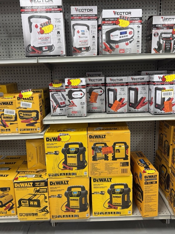 DeWalt and Vector battery jump starters and portable power packs on retail shelves