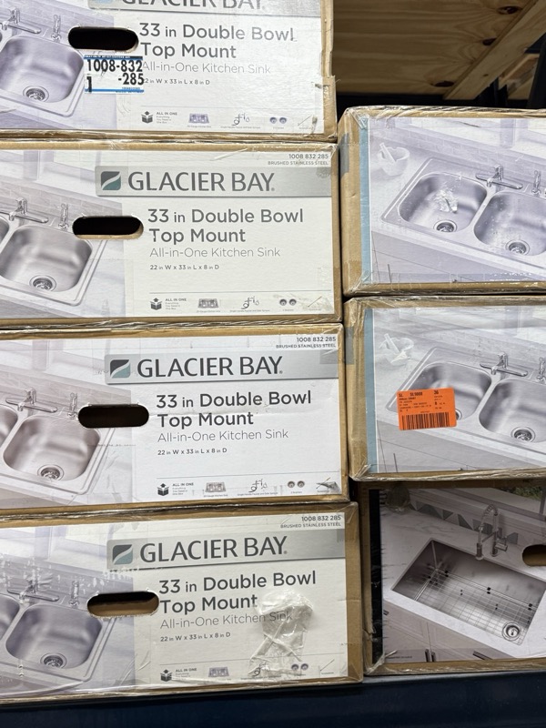 Glacier Bay double-bowl stainless steel kitchen sinks in retail boxes