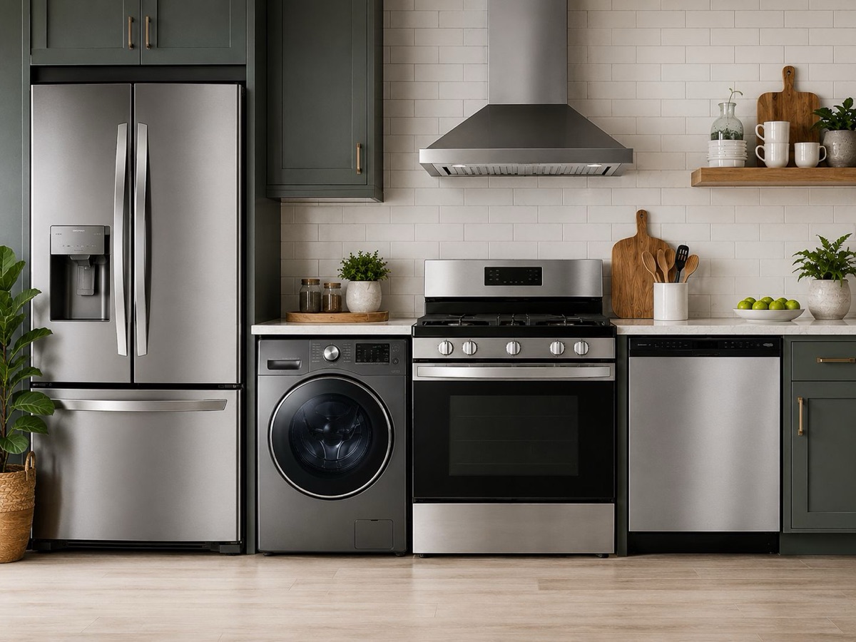 Stainless steel refrigerator, range, oven hood, dishwasher and front-load washer arranged in a modern kitchen showroom