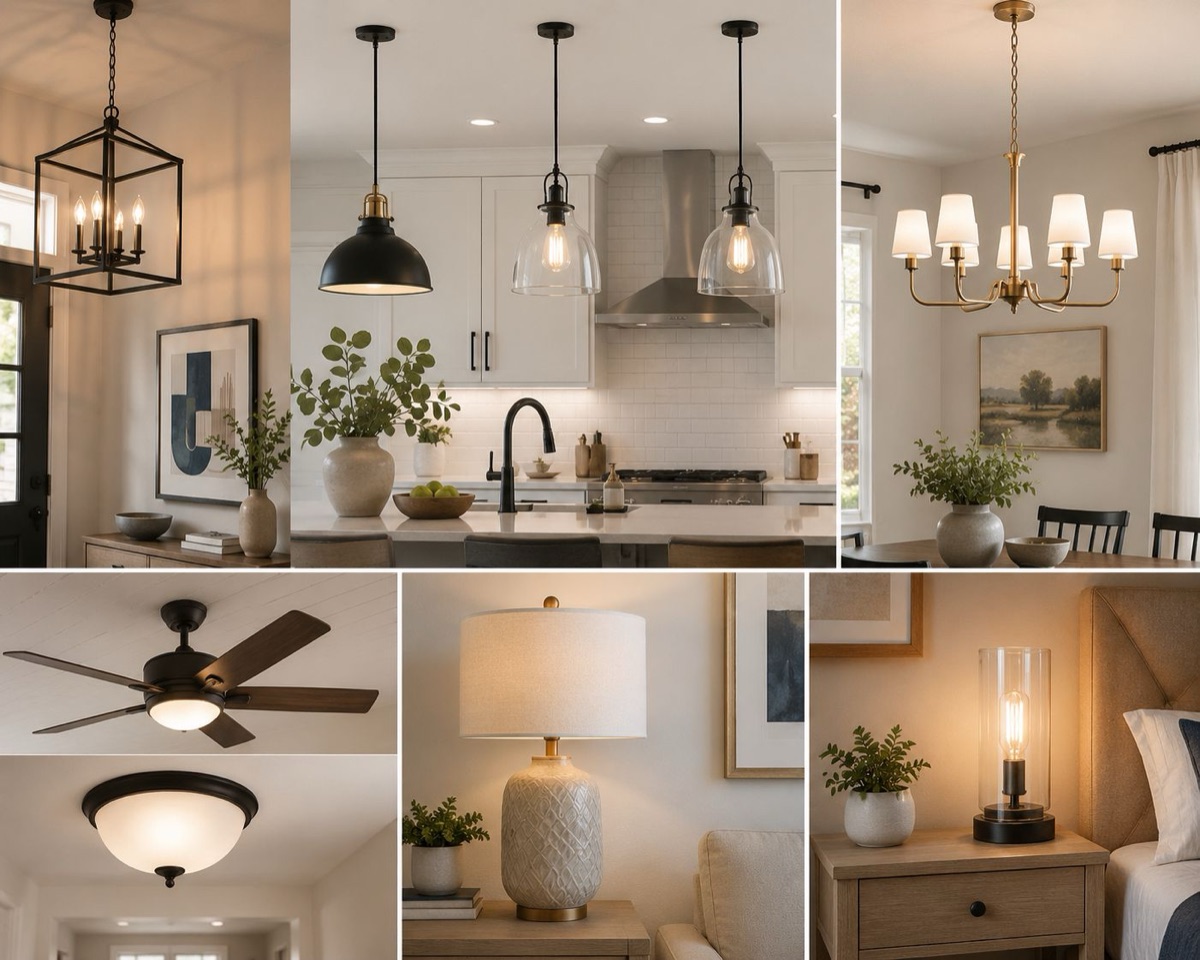 Collage of pendant lights, chandeliers, ceiling fan, table lamp and bedroom lamp fixtures at 789 Home Outlet