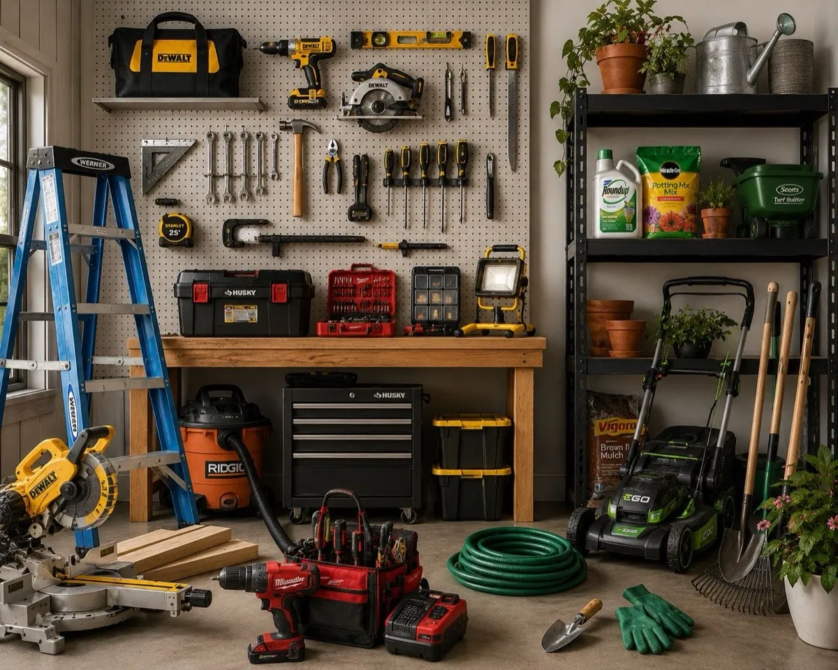 Workshop pegboard with DeWalt drills, ladder, Ridgid wet/dry vacuum, mower and Milwaukee combo kits at 789 Home Outlet