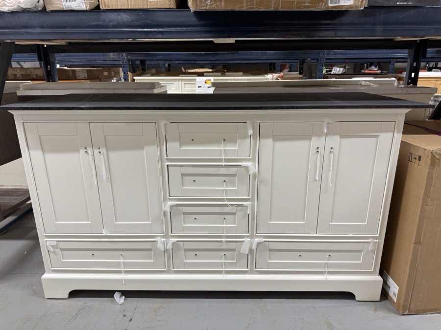 Brand-new white shaker bath vanity with marble top stocked at 789 Home Outlet