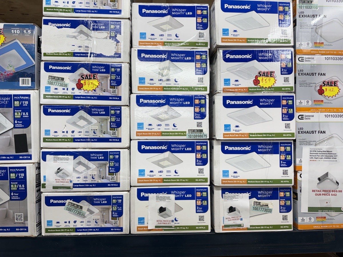 Panasonic ventilation fans and household essentials stocked on the shelves at 789 Home Outlet